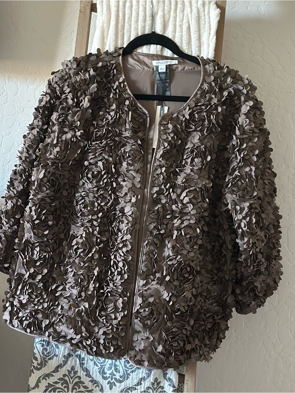 Chico's Textured Rosette Jacket in Deep Taupe Brown - Picture 3 of 9